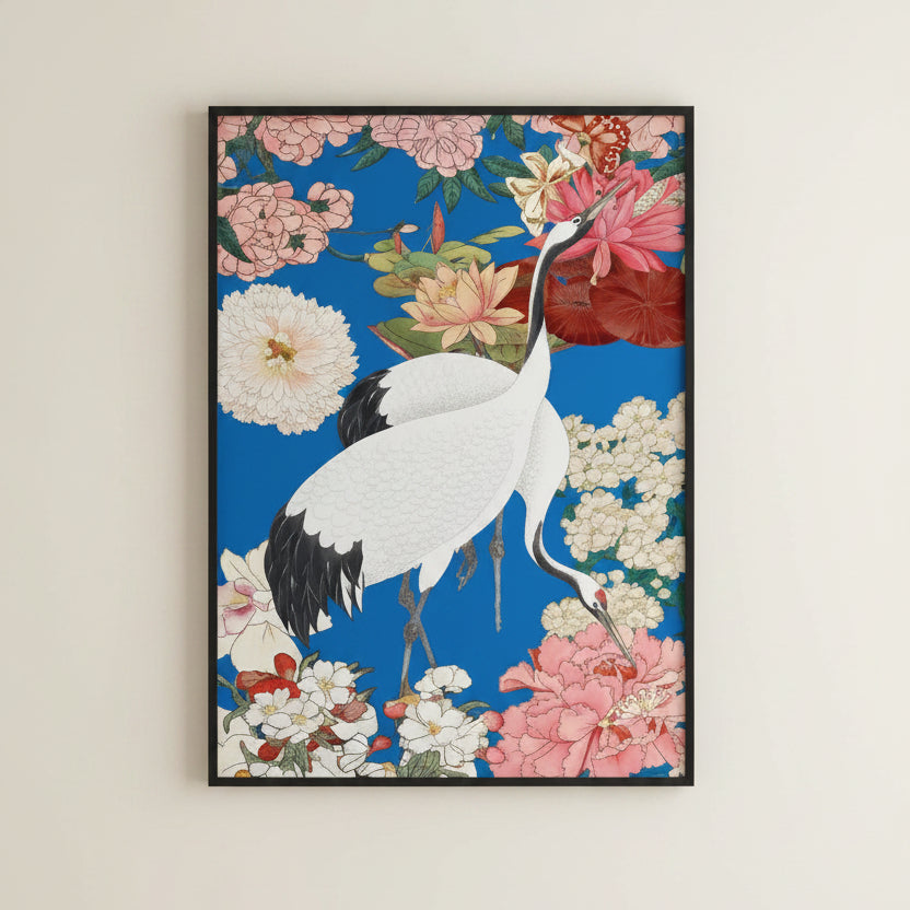 Japanese Cranes Floral Art Print featuring elegant crane illustrations with botanical details in a timeless, nature-inspired design.