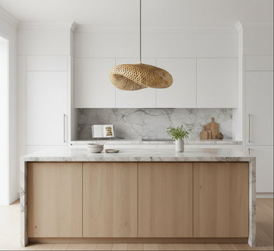 Nature bamboo hanging pendant light styled above kitchen island in a contemporary interior.