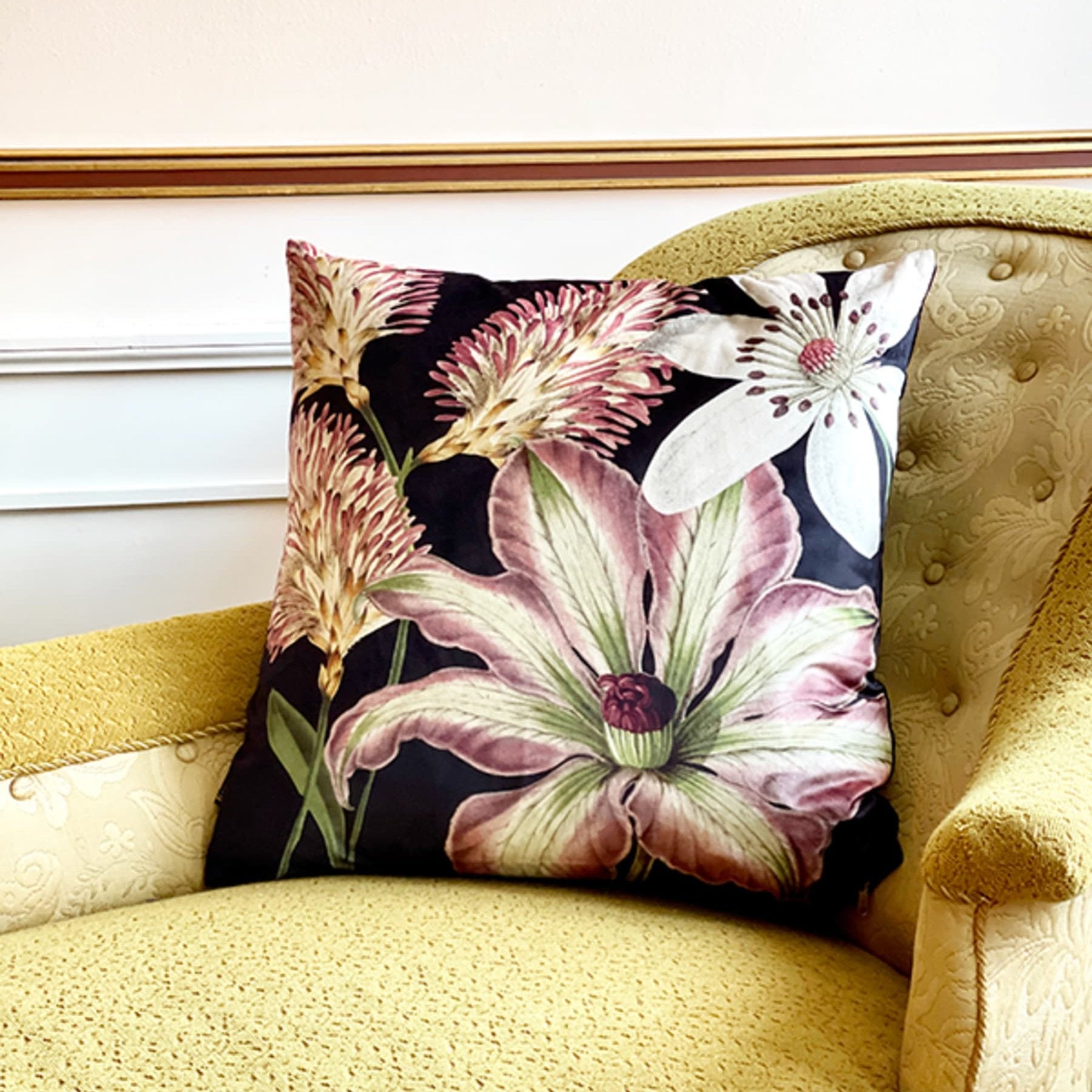 Arctic Dusk Flower Black Velvet Cushion