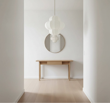 Paper handcrafted modern chandelier pendant with a sculptural design and soft organic texture.