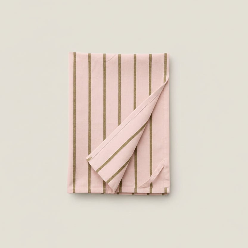 Pink + Green Stripe Cotton Tea Towel - stoneandbeige