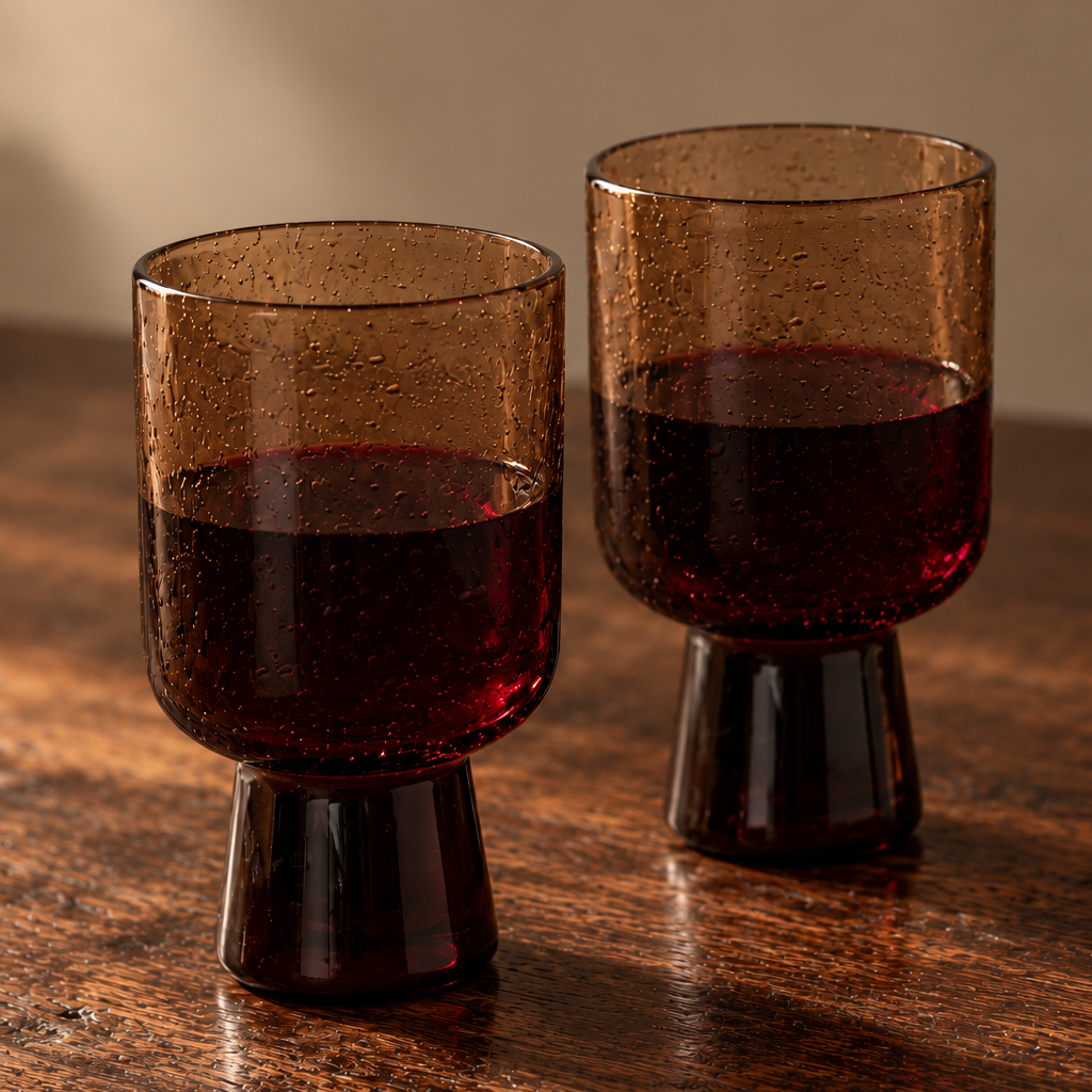 Two amber-brown bubble-textured drinking glasses with dark chocolate pedestal bases, filled with red wine and styled on a rustic dark oak table.