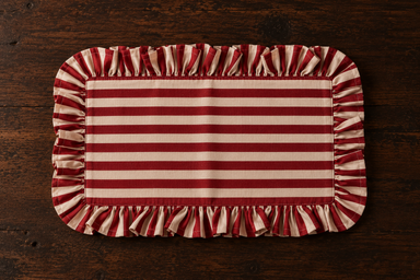 Burgundy and cream striped rectangular fabric placemat with a gathered ruffled border, styled on a rustic dark walnut wooden table.