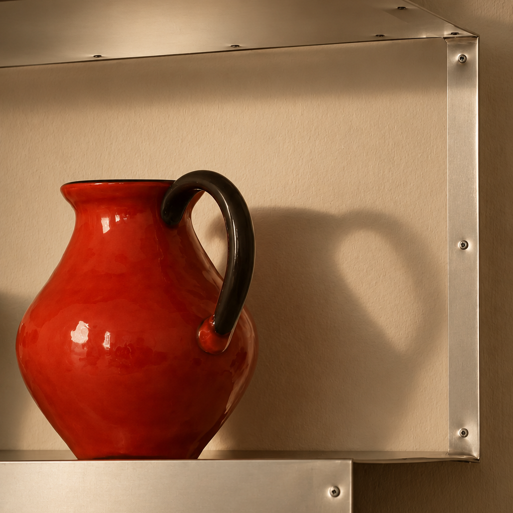 Glossy coral-red glass jug with an olive-green interior, smoky-brown curved handle and rounded sculptural shape against a neutral background.