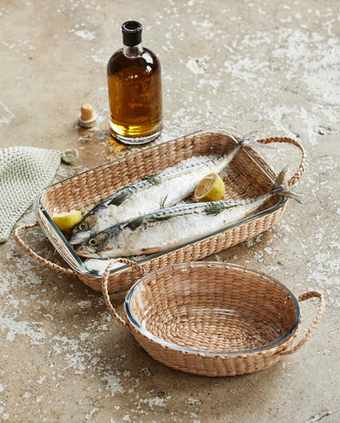 Round Wicker Glass Serving Dish - stoneandbeige