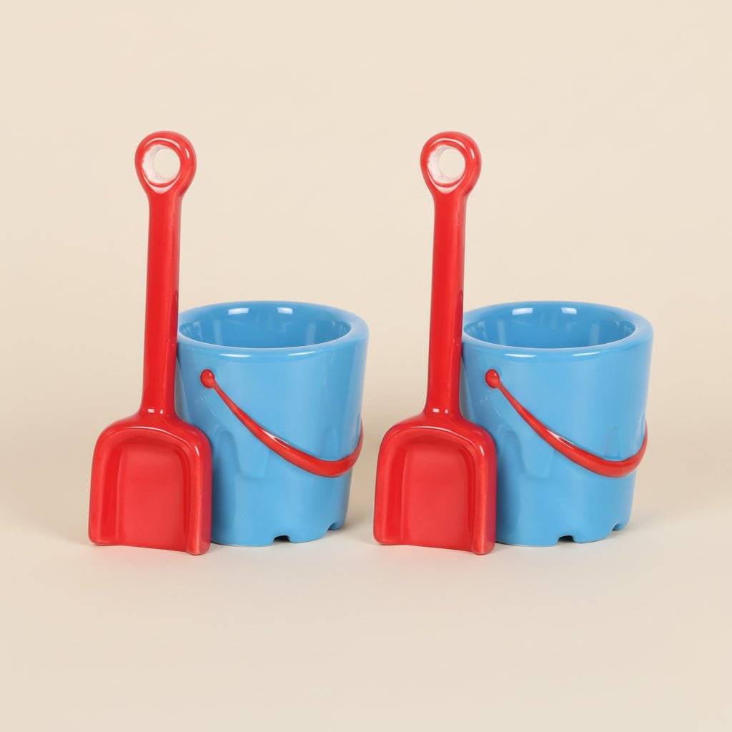 Set of 2 Bucket Shaped Ceramic Egg Cups with Spade Spoons - stoneandbeige