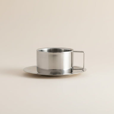 Sleek Matallic Chrome Espresso Mug + Saucer - stoneandbeige