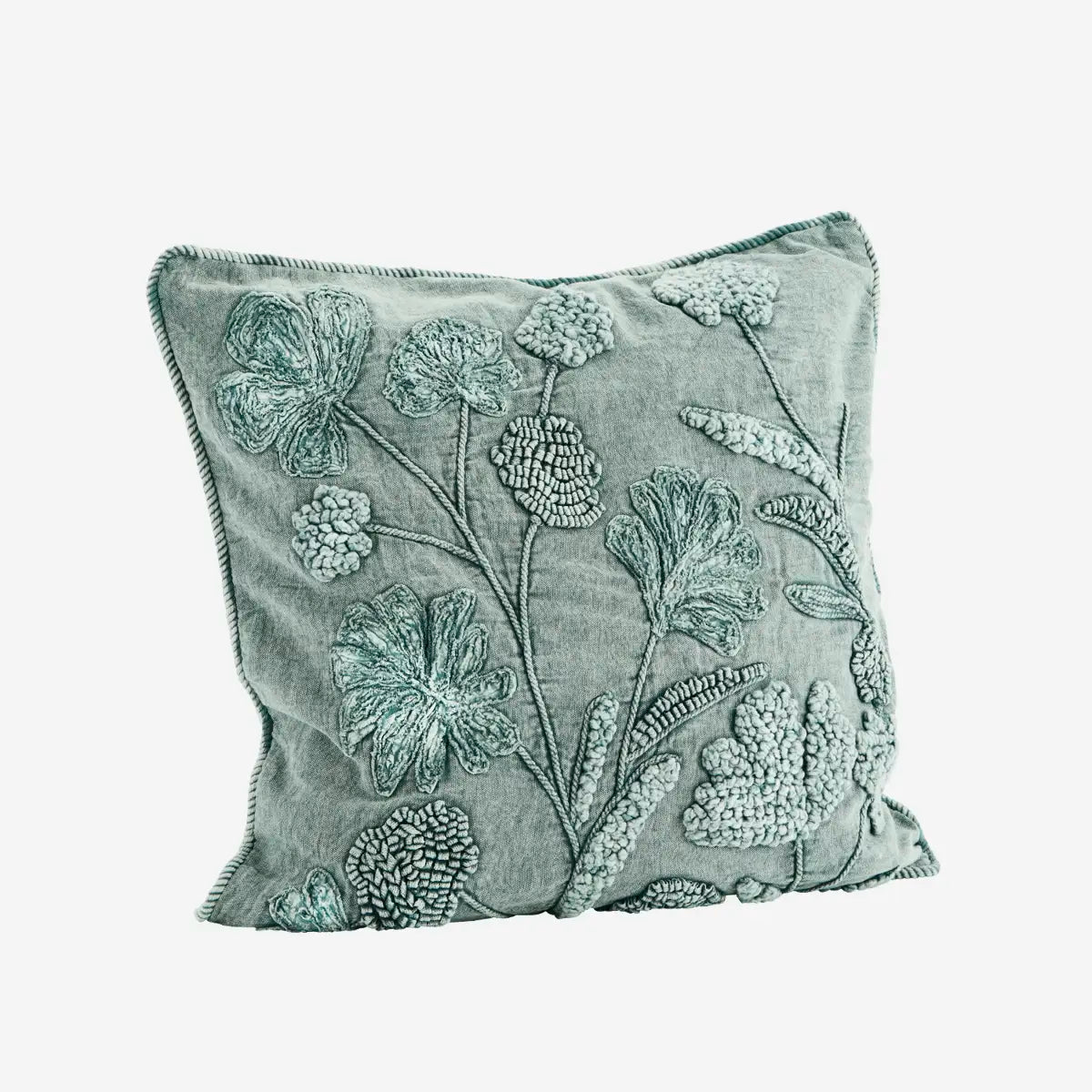 Embroidery Floral Washed Blue Cotton Cushion