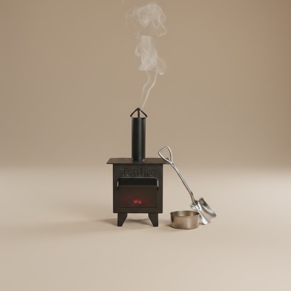 Close-up of the Tenfire Irish Turf metal black stove highlighting its matt black finish and craftsmanship.