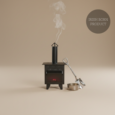 Tenfire Irish Turf metal black stove with a contemporary matt black finish and sculptural design.