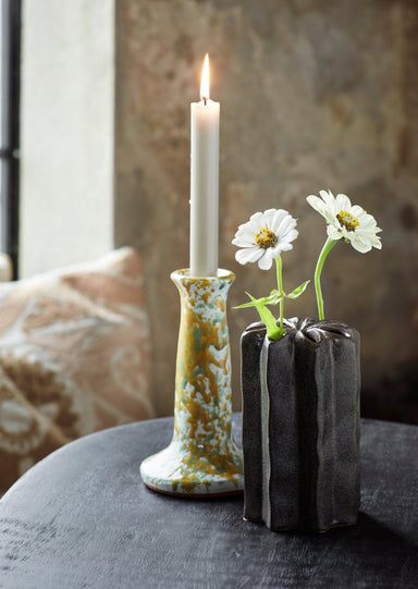 Yellow/Green Splatter Painted Glazed Candle Holder - stoneandbeige